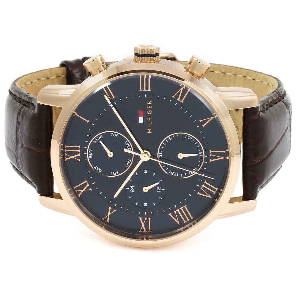 Tommy Hilfiger Men’s Watch Leather Brown Strap With Blue Dial And Gold Case 1791399