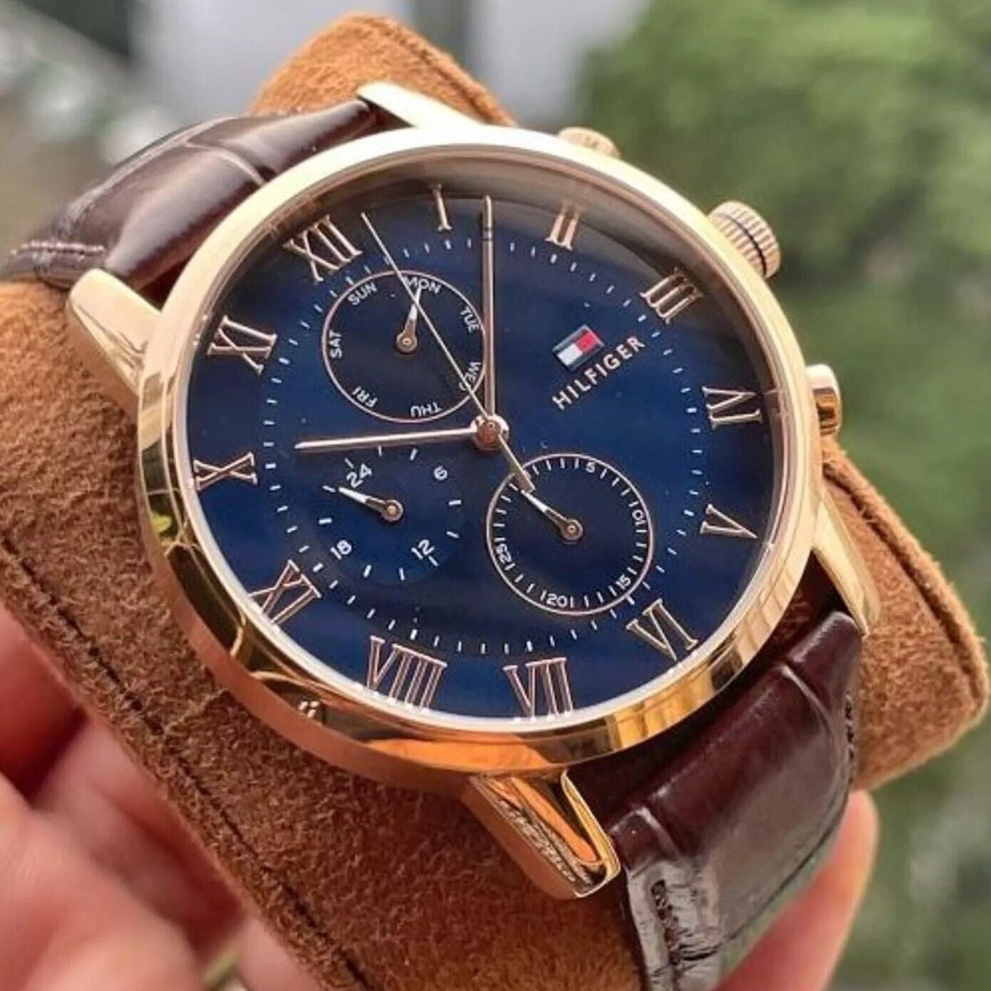 Tommy Hilfiger Men’s Watch Leather Brown Strap With Blue Dial And Gold Case 1791399