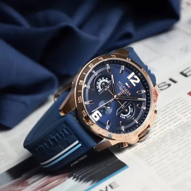 Tommy Hilfiger Men’s Watch Silicone Blue Strap With Blue Dial And Rose Gold Case 1791474