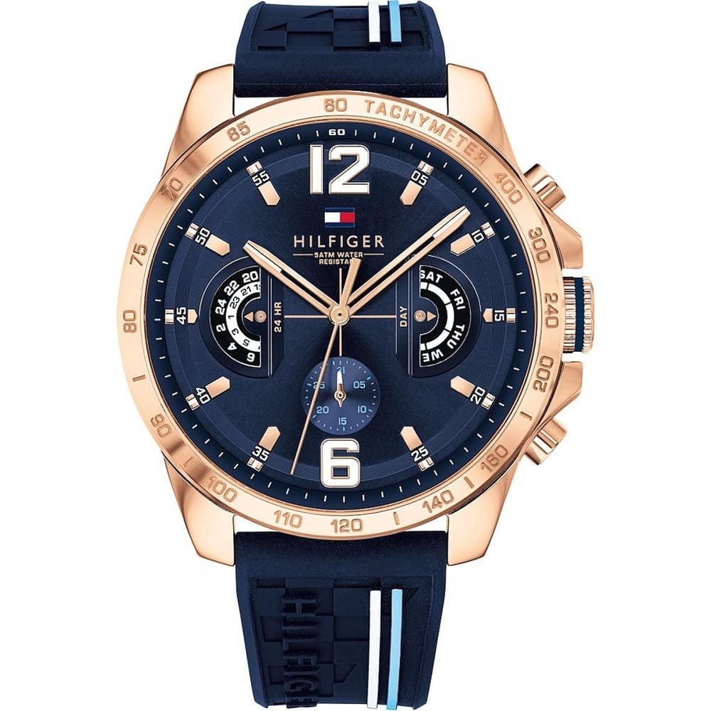 Tommy Hilfiger Men’s Watch Silicone Blue Strap With Blue Dial And Rose Gold Case 1791474