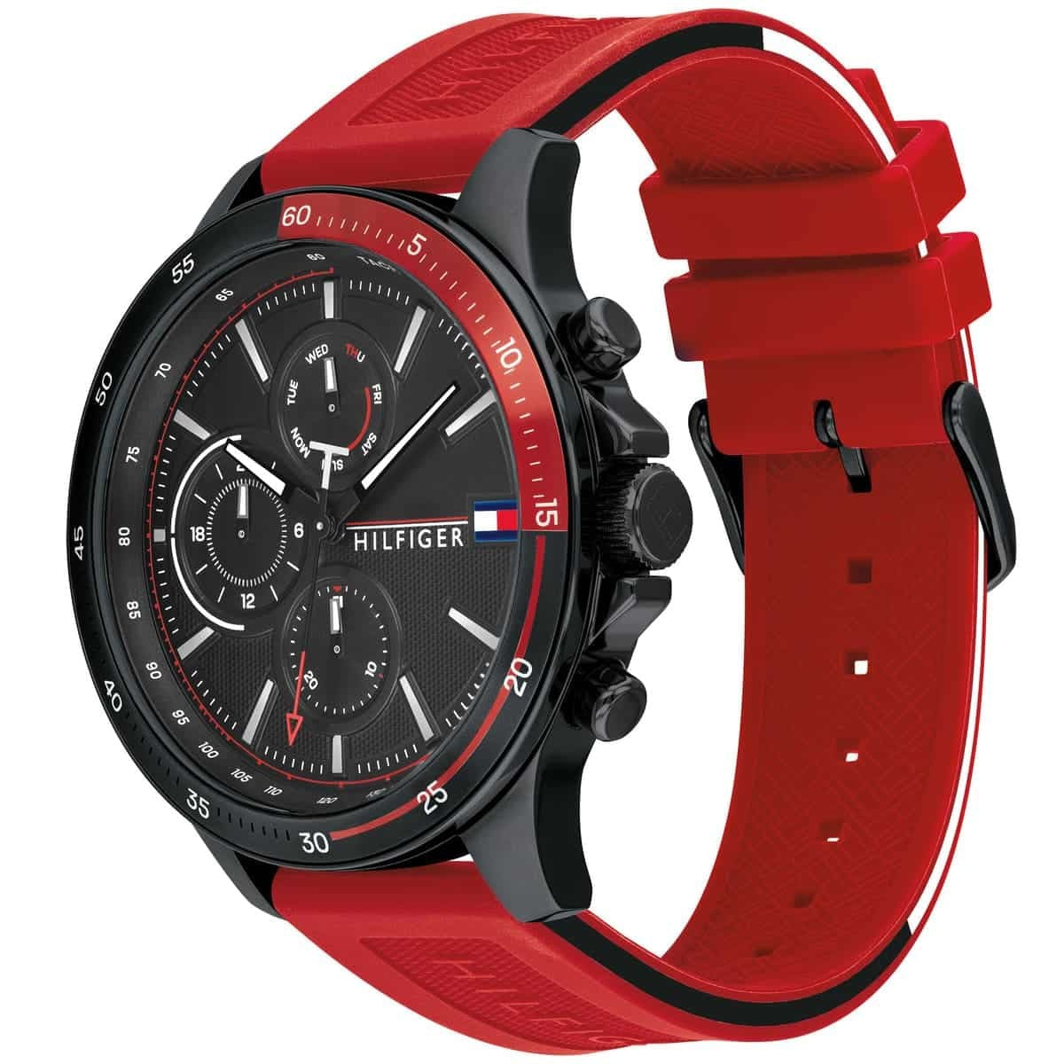 Tommy Hilfiger Men’s Watch Silicone Red Strap With Black Dial And Black Case 1791722