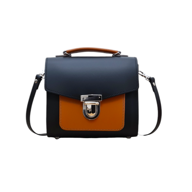Handmade Leather Two Tone Sugarcube Handbag - Black & Burnt Orange