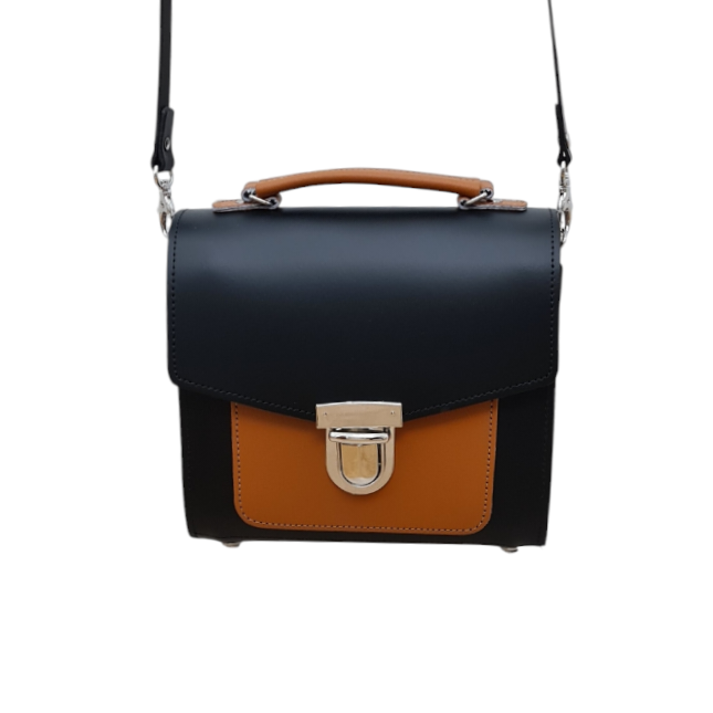 Handmade Leather Two Tone Sugarcube Handbag - Black & Burnt Orange