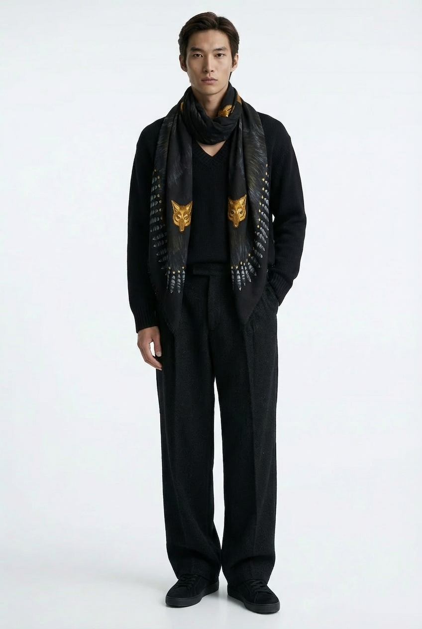 VASSILISA Scarf in Black Colour: Fur and Wolves Masks Print