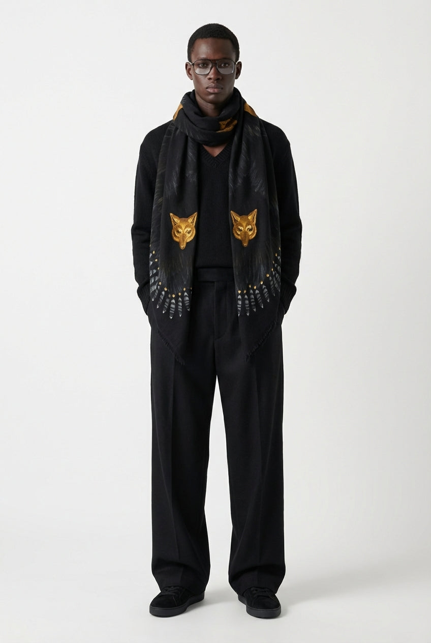 VASSILISA Scarf in Black Colour: Fur and Wolves Masks Print