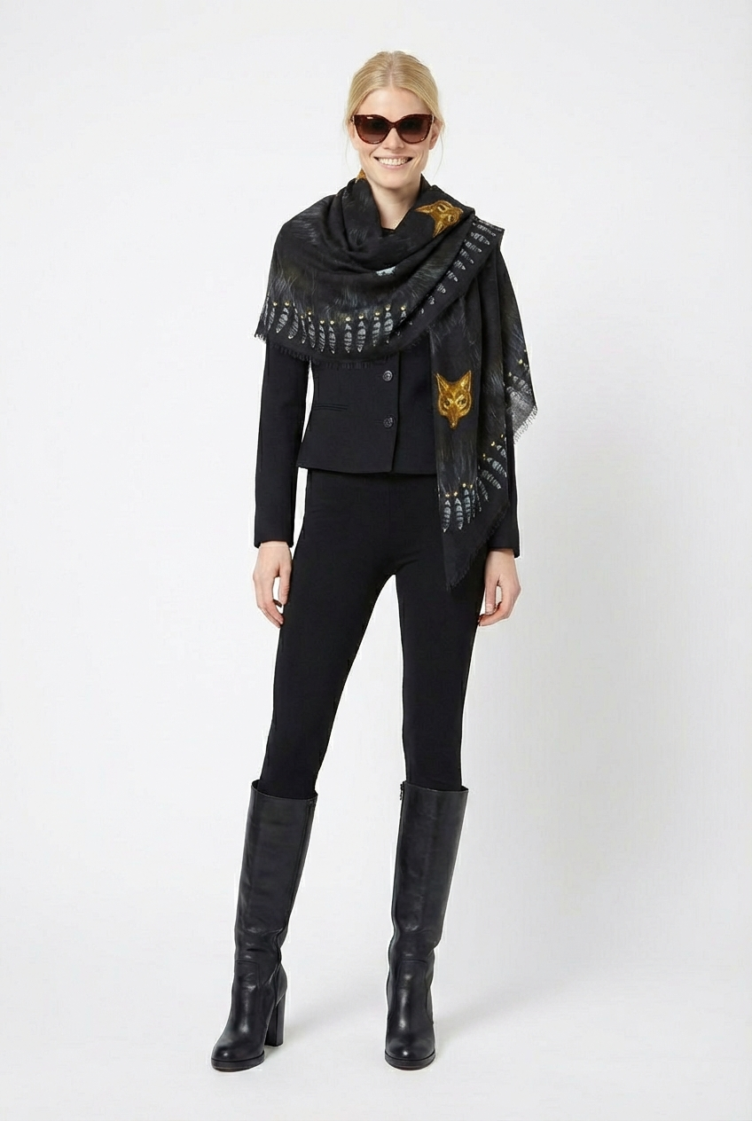 VASSILISA Scarf in Black Colour: Fur and Wolves Masks Print