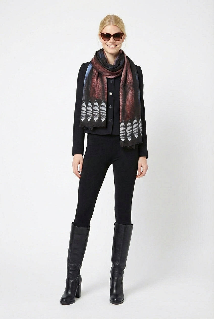 VASSILISA Scarf in Blue and Burgundy Colours: Mink Effect and Tails Print, XL