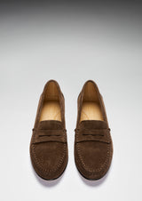 Women's Penny Loafers Leather Sole, brown suede