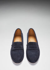 Women's Penny Loafers Leather Sole, navy blue suede
