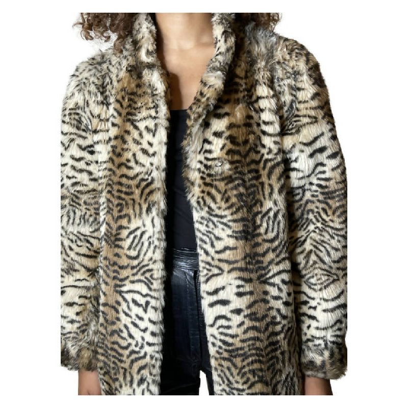 Original Vintage 1990's Tiger Print Faux Fur Coat UK 8 - 12